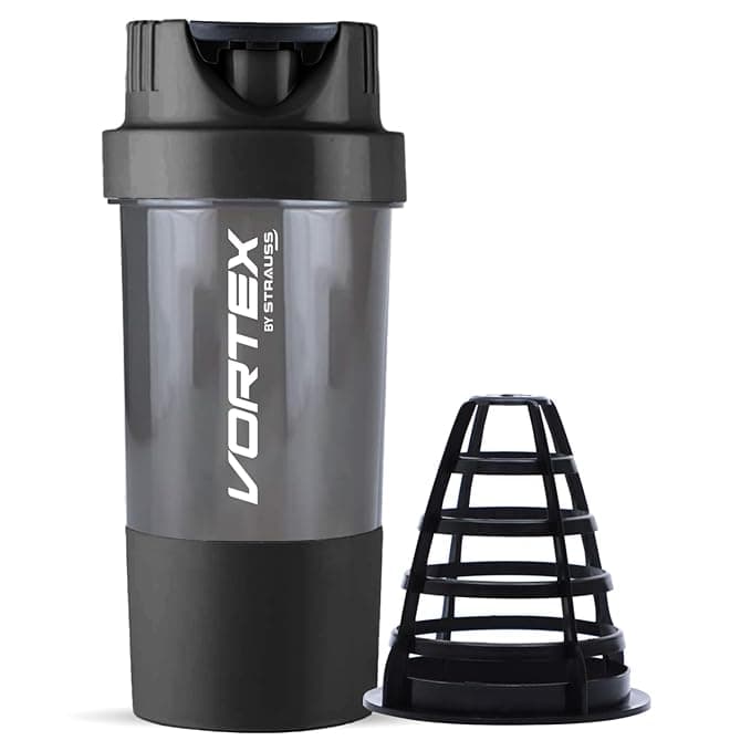 STRAUSS Vortex Shaker Bottle with Two Storage Compartments | 100% BPA- Free Sipper Bottle | Leakproof Shaker For Protein Shake | Ideal Pre Workout and BCAAs| For Both Men and Women | 500ml, (Black) Rs. 262 - Amazon