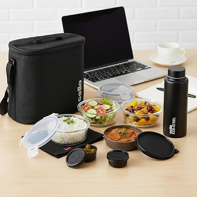 CELLO MF Glassy Pro Lunch Box with Jacket For Office, Black | 3 x 400ml Glass Containers, 1 x 225ml, 2 x 50ml Mini Containers & Bottle 700ml, Microwave Safe Airtight Leakproof Tiffin Box For Daily Use Rs.939 @ Amazon
