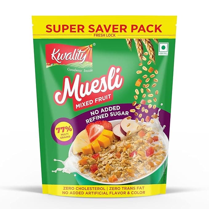 Kwality Muesli Mixed Fruit Super Saver Pack 700 G | Mixed Fruit | Zero Cholesterol & Trans Fat | No Added Refined Sugar | Healthy Food & Breakfast Cereal Rs. 230 - Amazon