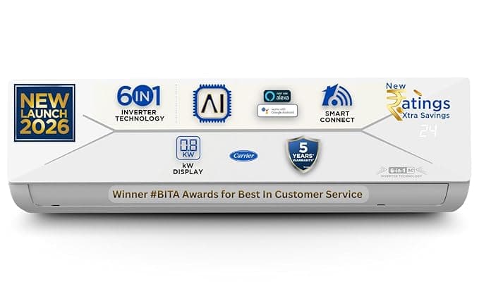 [Axis Bank CC EMI ] Carrier 2 T 5Star,New Star rated,Wi-Fi Smart Flexicool Inverter Split AC(Copper,Convertible6-in-1withWi-Fi with Geo-Fencing,Smart EnergyDisplay,New star Rating,ESTER EDGE Gxi WiFi-CAI24EE5R36W1,White) Rs. 59941 - Amazon