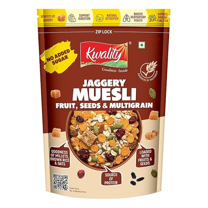 Kwality High Protein Jaggery Muesli 400g | 9g Protein | Fruits, Seeds & Crunch | High Fibre Multigrain Breakfast Cereal | Made with Millets, Brown Rice & Oats | Naturally Sweetened with Jaggery Rs. 176 - Amazon