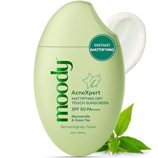[Apply 5% Coupon] Moody AcneXpert Sunscreen Ultra Matte Gel SPF 50 PA++++ with Niacinamide & Green Tea | Sunscreen for Oily & Acne Prone Skin | Water & Sweat Resistant | No White Cast, Non-Greasy & Non-Comedogenic | 50ml Rs. 236 - Amazon