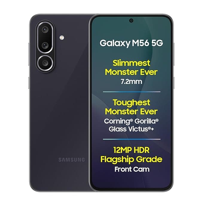 [Live @ 4th July] Samsung Galaxy M56 5G Mobile (Black, 8GB RAM, 128GB Storage)| Segment Slimmest | Gorilla Glass Victus+ | 10 Bit HDR Video | 50MP Camera | AI | Vapour Cooling Chamber | Lag-free Gaming| Without Charger Rs. 23499 - Amazon