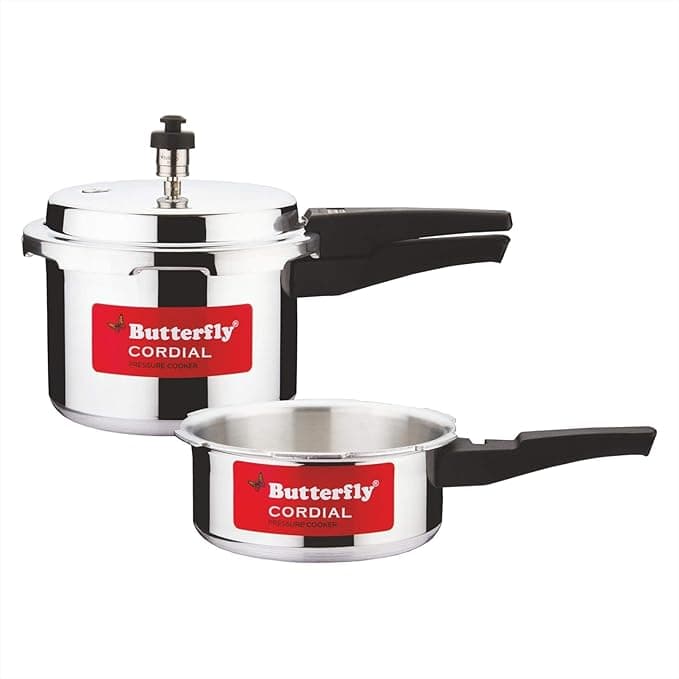 Butterfly Cordial 2 Litres and 3 Litres Pressure Cookers| Outer Lid | Food Grade Virgin Aluminium | Gas Stove Compatible | ISI Certified | 2 Year Manufacturer's Warranty | Silver Rs. 1209 - Amazon