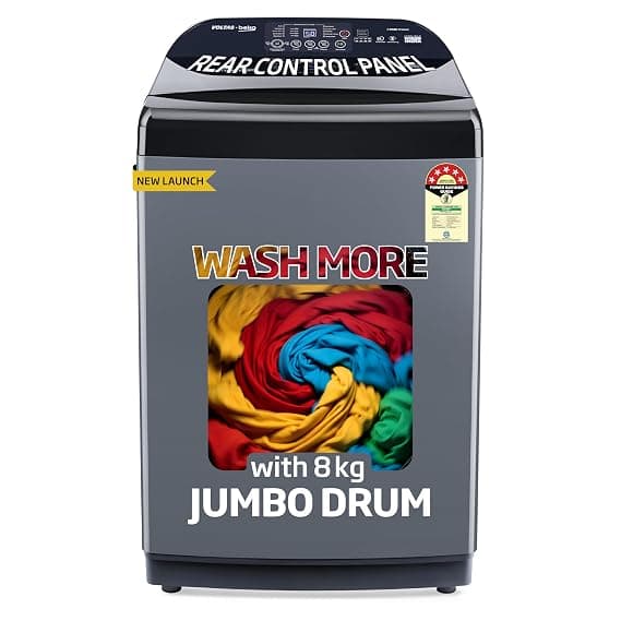 Voltas Beko, A Tata Product 8 Kg 5 Star Fully-Automatic Top Loading Washing Machine (WTL8006UEA1 / OBS1060, Grey, with Double waterfall technology) Rs. 16490 - Amazon