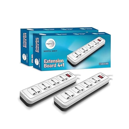 wipro 4+1 Extension Board | 4 Universal Socket with Single Switch | 2 Meter Long Cord | Child Safety | Auto Cutoff | Fire Resistant | Multiplug Socket for Home, Office | White, Pack of 2 Rs. 543 - Amazon