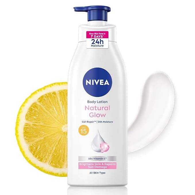 [Apply 2% Coupon] NIVEA Natural Glow Cell Repair Body Lotion with SPF 15 And UV A & B Filters | 50X Vitamin C | 24H Hydration | Even Skin Tone in 7 Days | Brightens Skin and Repairs Sun Damage | Lightweight, Quick Absorbing, Non-Sticky Formula | F