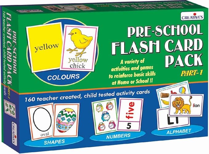 Creative’s Pre‑School Flash Card Pack Part 1, Educational Toy for Kids, Alphabet, Numbers, Colours & Shapes Learning Flash Cards, Preschool Learning Games for Early Skills Ages 3+ Rs. 134 - Amazon
