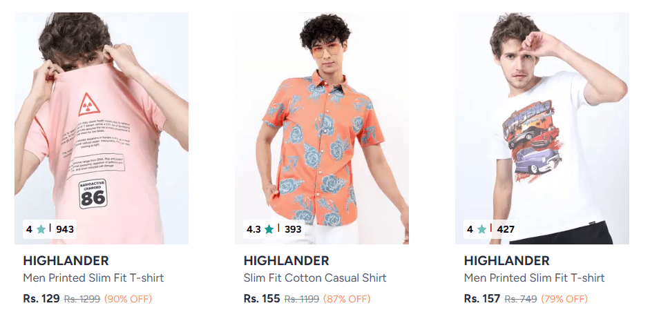 Highlander Men's Clothing upto 90% off starting From Rs.164 @ Myntra