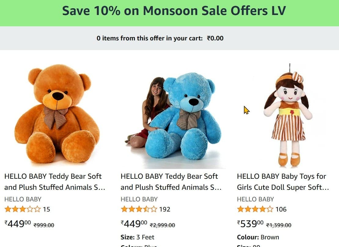 [Apply 10% Coupon] Soft Toy upto 85% off + 10% Coupon starting From Rs.224 @ amazon