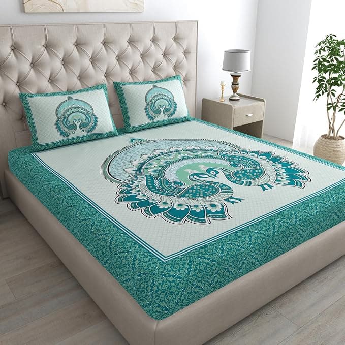 Rajasthani Jaipuri Sanganeri Printed 144 TC 100% Cotton Bed Sheet Set for Double Bed,Double Peacock Pattern, Double Bedsheet Cotton with 2 Pillow Covers Rs. 49 - Amazon