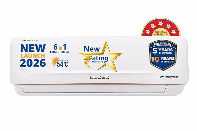 [SBI CC EMI ] Lloyd 2 Ton 5 Star Inverter Split AC, 2026 New Star Rated (6 in 1 Convertible, Cools Up To 54°C, DG Mode, Ice Clean, Smart 4 Way Swing, Installation Check, White with Golden Deco Strip, GLS24I5AGCGR) Rs. 55490 - Amazon