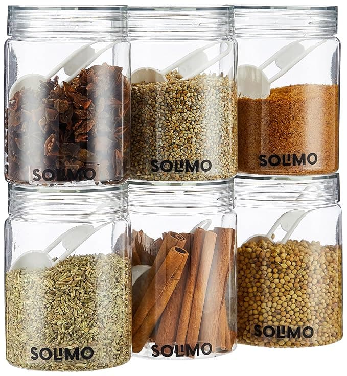 Amazon Brand - Solimo Plastic Storage Jar & Containers Set With Spoon | Air Tight & BPA Free | Kitchen Container Set | Multipurpose Jar | 500 ML Set 6 (Transparent) Rs. 398 - Amazon
