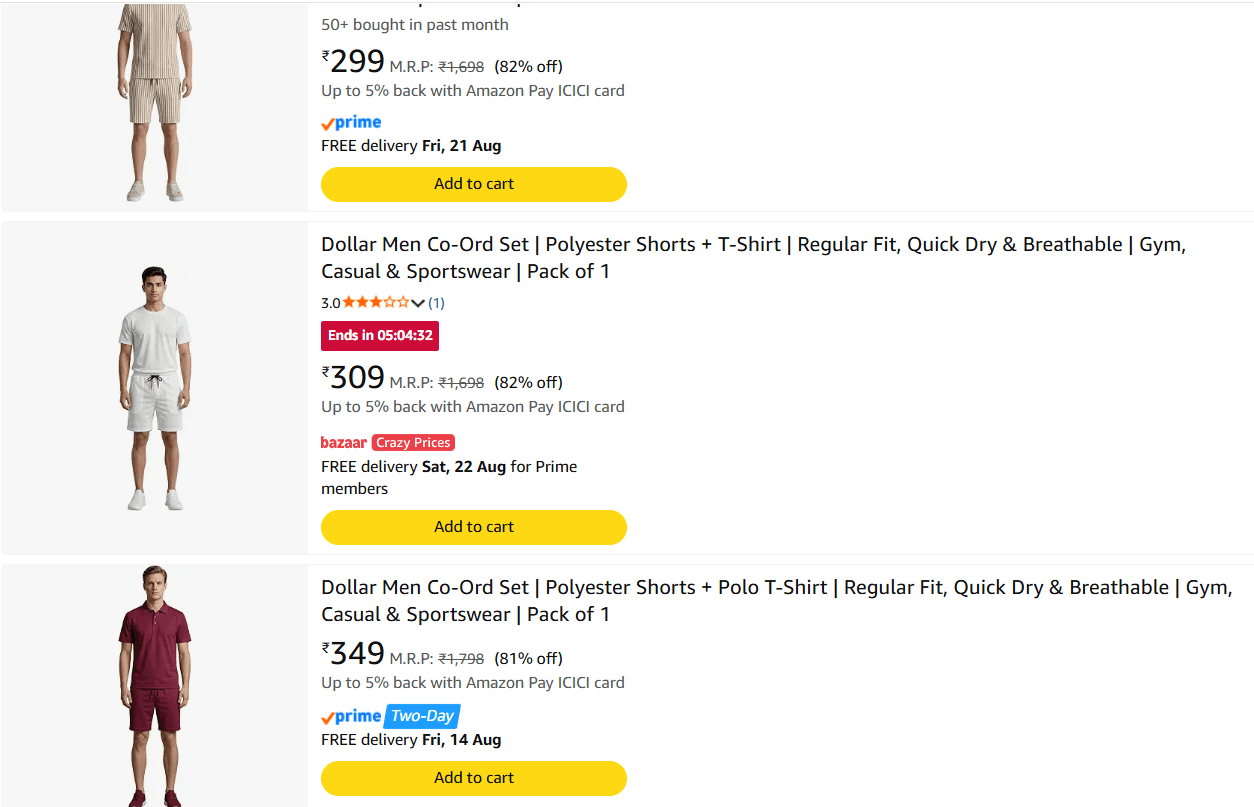 Dollar Men's Co Ord Set upto 83% off starting From Rs.299 @ amazon