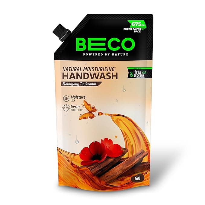 Beco Moisturising Liquid Handwash-Mahogany Teakwood Fragrance | 675 ml | 8-hr moisture lock | Natural, Paraben free, Chemical Free | Kills 99.99% germs, Safe for all Skin types | Plant based Cleansers Rs. 92 - Amazon