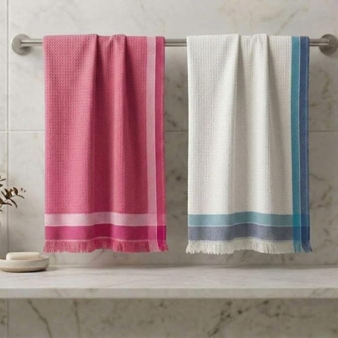 Athom Living Light Weight Cotton Premium Waffle Border Bath Towel 75x150 cm Pack of 2 Rs. 229 - Amazon