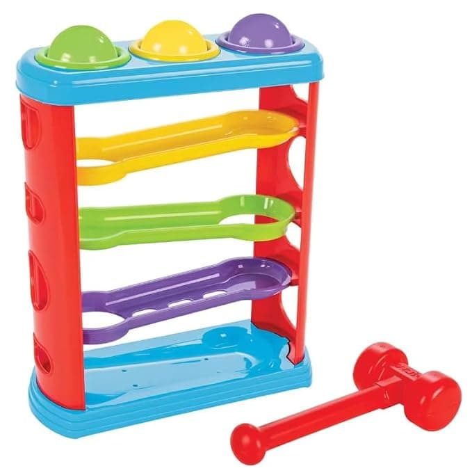 Goyal's Safe and Non Toxic Hammer Knock Ball for Babies and Toddlers - Pound and See The Balls roll Down The ramps for Infants (Multicolour) Rs. 297 - Amazon