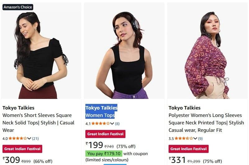 Tokyo Talkies Women Tops upto 85% off starting From Rs.109 @ amazon