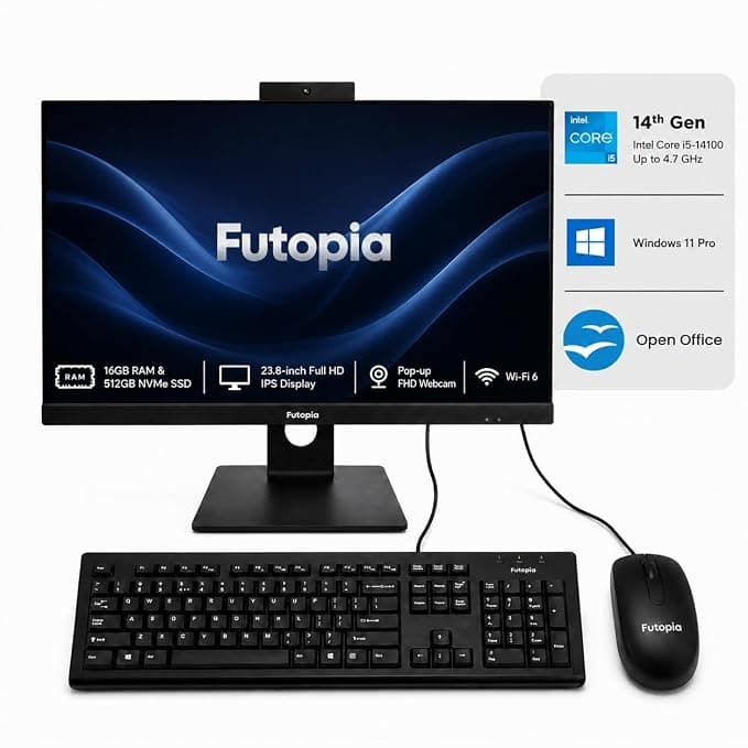 [Coupon + Apay ICICI CC ] FUTOPIA 23.8" Full HD IPS All-in-One Desktop | Intel Core i5-14400 (Up to 4.70GHz) | 16GB RAM | 512GB NVMe SSD | Pop-up FHD Webcam | Wi-Fi 6 | Windows 11 Pro | Keyboard & Mouse Included Rs. 62253 - Amazon