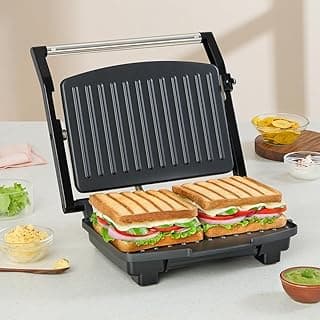 Borosil Elite Prime Grill Sandwich Maker | Can Make 2 Sandwich At a Time | 1000W Electric Toaster Maker | Non Toxic & Nonstick Coating Grill Plates Opens to 90° | Power Indicators | 2 Year Warranty